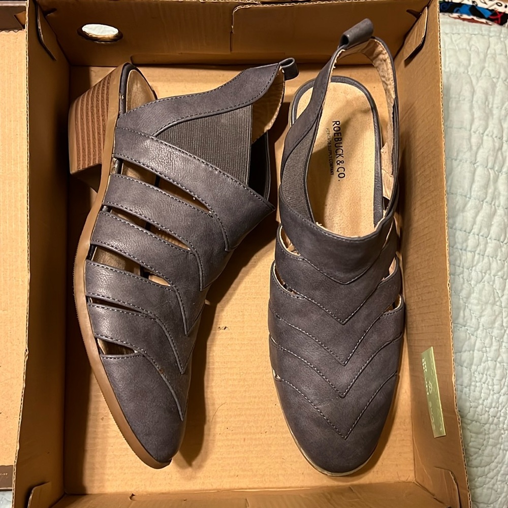 Ladies size 9 “booties”.  High ankle strap sandals blue gray. Lightly worn.